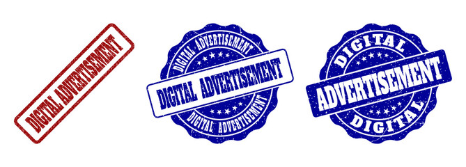 Obraz premium DIGITAL ADVERTISEMENT grunge stamp seals in red and blue colors. Vector DIGITAL ADVERTISEMENT labels with grainy texture. Graphic elements are rounded rectangles, rosettes, circles and text labels.