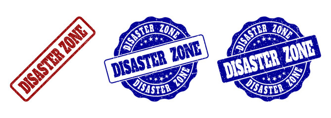 DISASTER ZONE grunge stamp seals in red and blue colors. Vector DISASTER ZONE labels with grunge effect. Graphic elements are rounded rectangles, rosettes, circles and text labels.