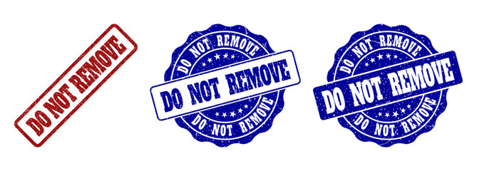 DO NOT REMOVE scratched stamp seals in red and blue colors. Vector DO NOT REMOVE labels with grainy style. Graphic elements are rounded rectangles, rosettes, circles and text labels.
