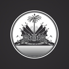 Rounded white Haiti coat of arms emblem on black background