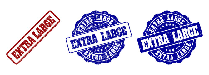 EXTRA LARGE scratched stamp seals in red and blue colors. Vector EXTRA LARGE signs with grainy effect. Graphic elements are rounded rectangles, rosettes, circles and text titles.