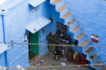 Close-up view of a kitchen on a roof in the blue city of Jodhpur, India.