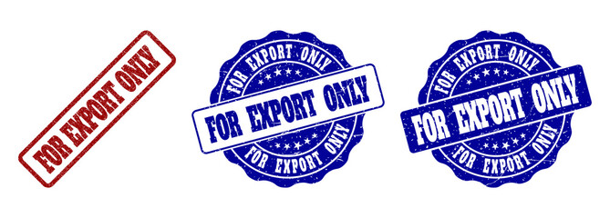 FOR EXPORT ONLY grunge stamp seals in red and blue colors. Vector FOR EXPORT ONLY marks with grunge effect. Graphic elements are rounded rectangles, rosettes, circles and text titles.