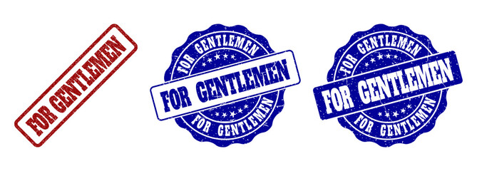 FOR GENTLEMEN scratched stamp seals in red and blue colors. Vector FOR GENTLEMEN labels with grainy surface. Graphic elements are rounded rectangles, rosettes, circles and text labels.