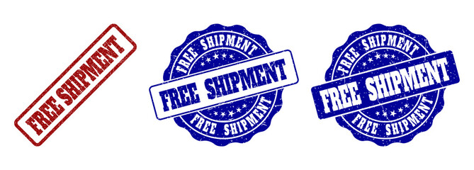 FREE SHIPMENT grunge stamp seals in red and blue colors. Vector FREE SHIPMENT signs with grunge style. Graphic elements are rounded rectangles, rosettes, circles and text captions.