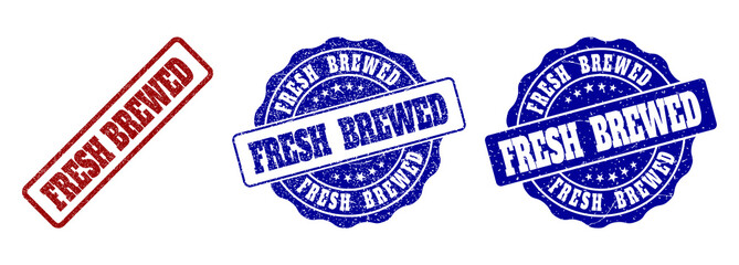 FRESH BREWED scratched stamp seals in red and blue colors. Vector FRESH BREWED watermarks with distress style. Graphic elements are rounded rectangles, rosettes, circles and text captions.
