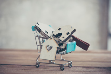 shopping cart and house model in saving plan for residence of people in society, purchasing home...