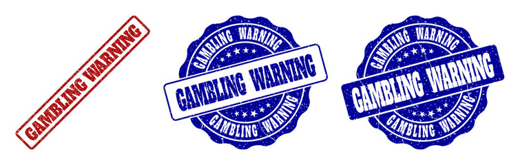 Fototapeta premium GAMBLING WARNING grunge stamp seals in red and blue colors. Vector GAMBLING WARNING marks with grunge surface. Graphic elements are rounded rectangles, rosettes, circles and text captions.
