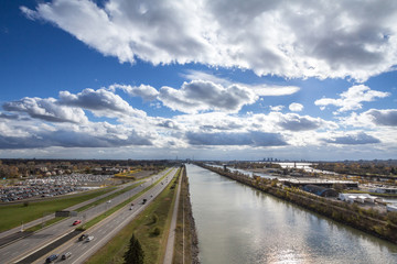 North American industrial landscape in Longueuil, in the suburb of Montreal, Quebec, Canada, with a...