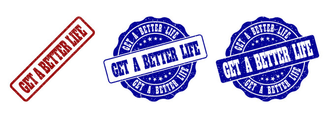 Obraz premium GET A BETTER LIFE grunge stamp seals in red and blue colors. Vector GET A BETTER LIFE imprints with grunge effect. Graphic elements are rounded rectangles, rosettes, circles and text titles.