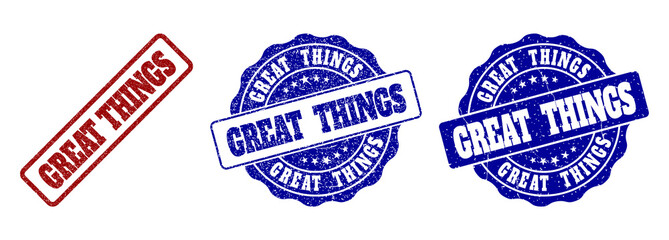 GREAT THINGS scratched stamp seals in red and blue colors. Vector GREAT THINGS overlays with draft surface. Graphic elements are rounded rectangles, rosettes, circles and text tags.