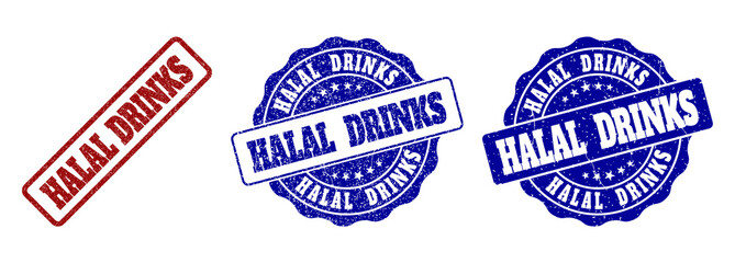 HALAL DRINKS grunge stamp seals in red and blue colors. Vector HALAL DRINKS marks with grunge texture. Graphic elements are rounded rectangles, rosettes, circles and text labels.