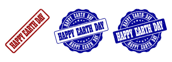 HAPPY EARTH DAY grunge stamp seals in red and blue colors. Vector HAPPY EARTH DAY marks with grunge effect. Graphic elements are rounded rectangles, rosettes, circles and text tags.