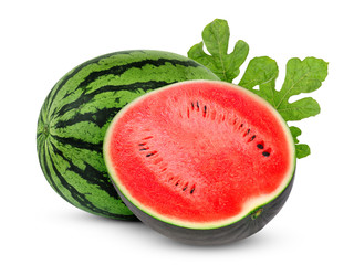 whole and half watermelon with green leaves isolated on white background