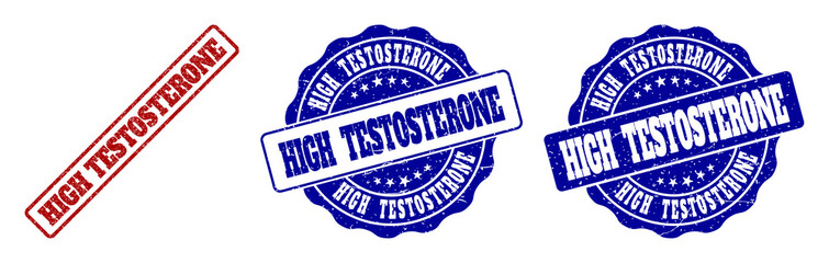 HIGH TESTOSTERONE scratched stamp seals in red and blue colors. Vector HIGH TESTOSTERONE labels with dirty texture. Graphic elements are rounded rectangles, rosettes, circles and text titles.