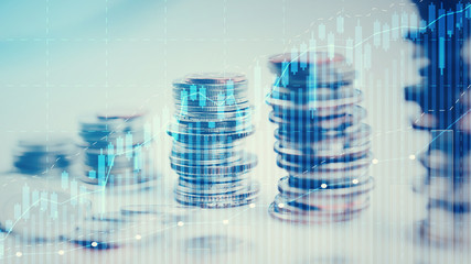 money coins arranged as a graph on white background