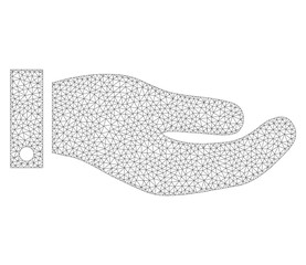 Polygonal vector hand icon on a white background. Polygonal carcass grey hand image in low poly style with connected triangles, nodes and linear items.