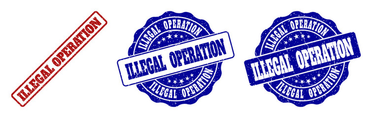 ILLEGAL OPERATION grunge stamp seals in red and blue colors. Vector ILLEGAL OPERATION overlays with grunge surface. Graphic elements are rounded rectangles, rosettes, circles and text tags.