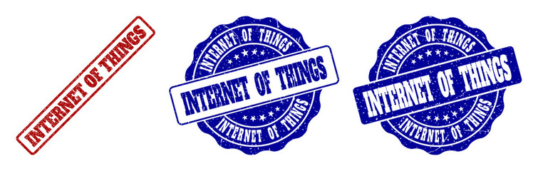 INTERNET OF THINGS grunge stamp seals in red and blue colors. Vector INTERNET OF THINGS imprints with distress texture. Graphic elements are rounded rectangles, rosettes, circles and text tags.