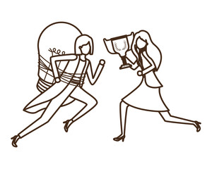 businesswomen with trophy and light bulb character
