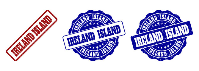 IRELAND ISLAND scratched stamp seals in red and blue colors. Vector IRELAND ISLAND marks with grainy effect. Graphic elements are rounded rectangles, rosettes, circles and text tags.
