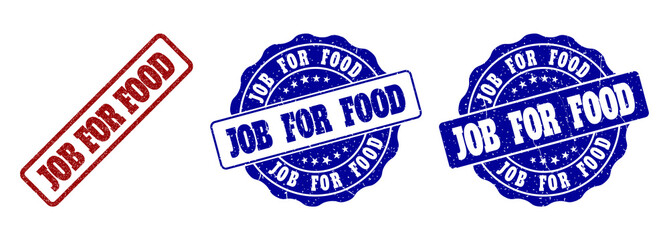 JOB FOR FOOD grunge stamp seals in red and blue colors. Vector JOB FOR FOOD overlays with grunge style. Graphic elements are rounded rectangles, rosettes, circles and text tags.