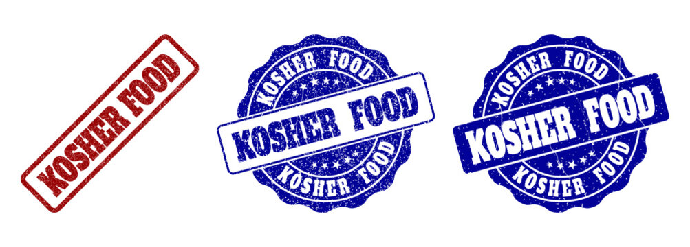 KOSHER FOOD scratched stamp seals in red and blue colors. Vector KOSHER FOOD marks with distress effect. Graphic elements are rounded rectangles, rosettes, circles and text captions.