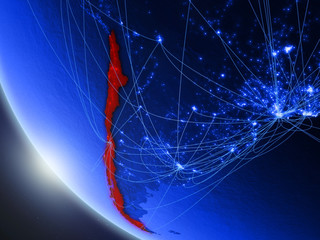 Chile on blue digital planet Earth from space with network. Concept of international communication, technology and travel.