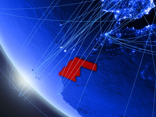 Western Sahara on blue digital planet Earth from space with network. Concept of international communication, technology and travel.