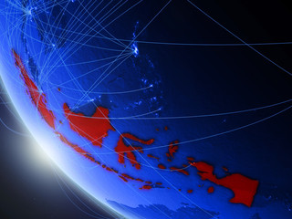 Indonesia on blue digital planet Earth from space with network. Concept of international communication, technology and travel.