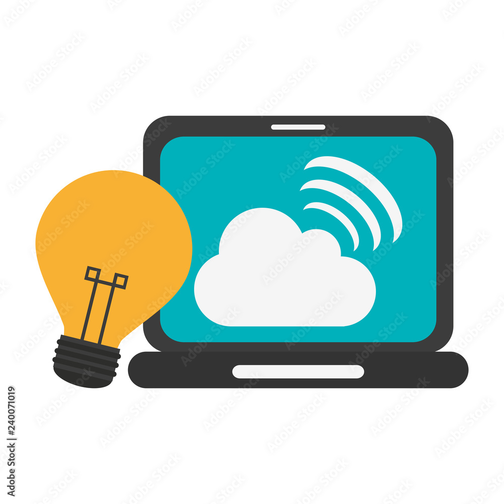 Poster laptop with cloud computing and bulb light idea