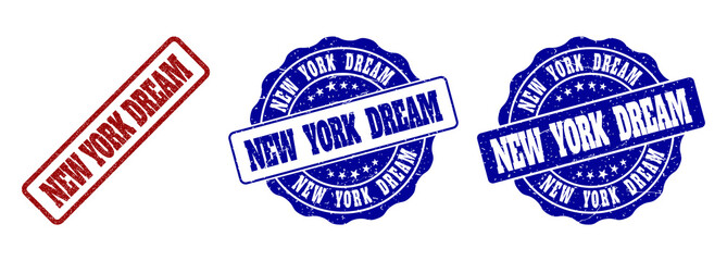 NEW YORK DREAM grunge stamp seals in red and blue colors. Vector NEW YORK DREAM imprints with grunge surface. Graphic elements are rounded rectangles, rosettes, circles and text titles.