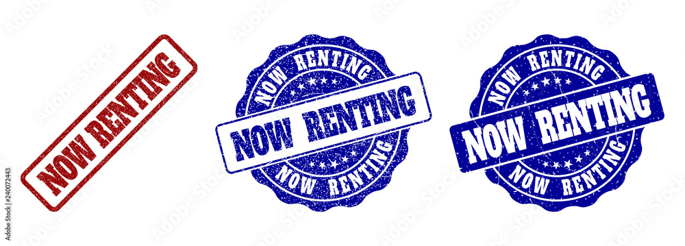 Poster now renting grunge stamp seals in red and blue colors. vector now renting labels with grunge effect.