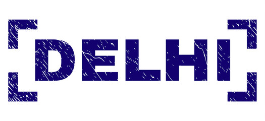 DELHI caption seal print with corroded style. Text caption is placed between corners. Blue vector rubber print of DELHI with dust texture.