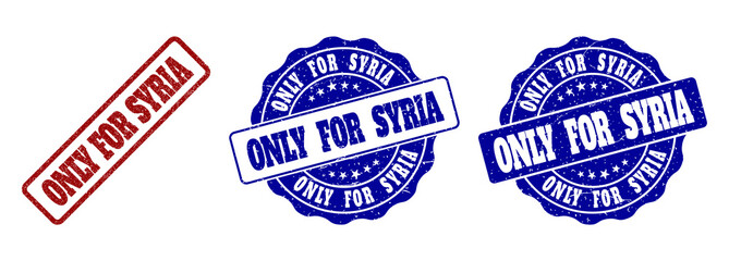 ONLY FOR SYRIA grunge stamp seals in red and blue colors. Vector ONLY FOR SYRIA labels with grunge effect. Graphic elements are rounded rectangles, rosettes, circles and text captions.