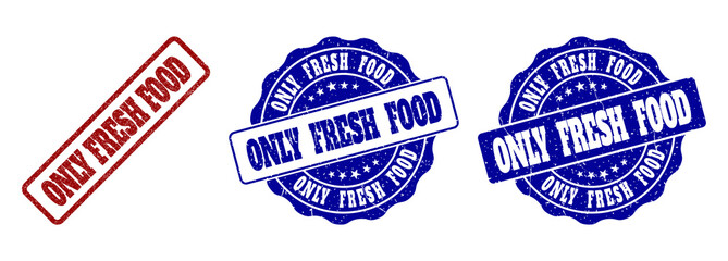 ONLY FRESH FOOD grunge stamp seals in red and blue colors. Vector ONLY FRESH FOOD labels with grunge surface. Graphic elements are rounded rectangles, rosettes, circles and text titles.