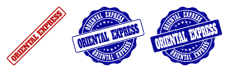 ORIENTAL EXPRESS scratched stamp seals in red and blue colors. Vector ORIENTAL EXPRESS watermarks with grainy style. Graphic elements are rounded rectangles, rosettes, circles and text titles.