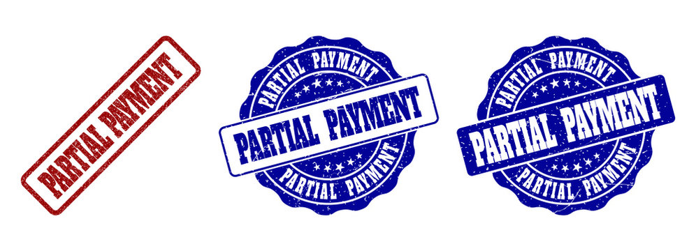 PARTIAL PAYMENT grunge stamp seals in red and blue colors. Vector PARTIAL PAYMENT labels with grunge surface. Graphic elements are rounded rectangles, rosettes, circles and text labels.