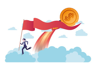 businesswoman running with coin rocket