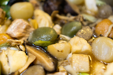 Imoni in a pan (Imoni is a type of taro and meat soup eaten traditionally in the autumn in the Northeast region of Japan)