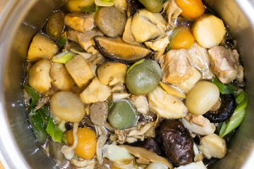 Imoni in a pan (Imoni is a type of taro and meat soup eaten traditionally in the autumn in the Northeast region of Japan)