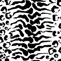 Brush painted leopard seamless pattern. Black and white tiger grunge background.