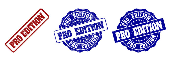 PRO EDITION grunge stamp seals in red and blue colors. Vector PRO EDITION signs with grunge texture. Graphic elements are rounded rectangles, rosettes, circles and text labels.