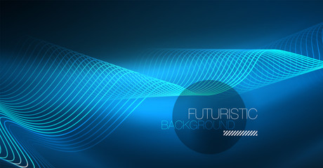 Glowing abstract wave on dark, shiny motion, Christmas and New Year magic space light. Techno abstract background