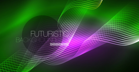 Abstract shiny glowinng color wave design element on dark background - science or technology concept