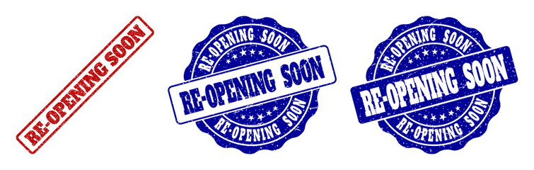 RE-OPENING SOON grunge stamp seals in red and blue colors. Vector RE-OPENING SOON marks with grunge surface. Graphic elements are rounded rectangles, rosettes, circles and text tags.