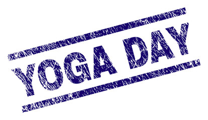 YOGA DAY seal print with grunge style. Blue vector rubber print of YOGA DAY tag with retro texture. Text tag is placed between parallel lines.