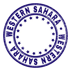 WESTERN SAHARA stamp seal watermark with grunge texture. Designed with round shapes and stars. Blue vector rubber print of WESTERN SAHARA title with grunge texture.