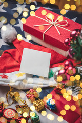 New Year and Christmas holiday, Close up greeting card paper with colorful gift box laid out as a background. Winter holidays.