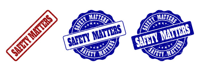 SAFETY MATTERS grunge stamp seals in red and blue colors. Vector SAFETY MATTERS overlays with grunge effect. Graphic elements are rounded rectangles, rosettes, circles and text captions.